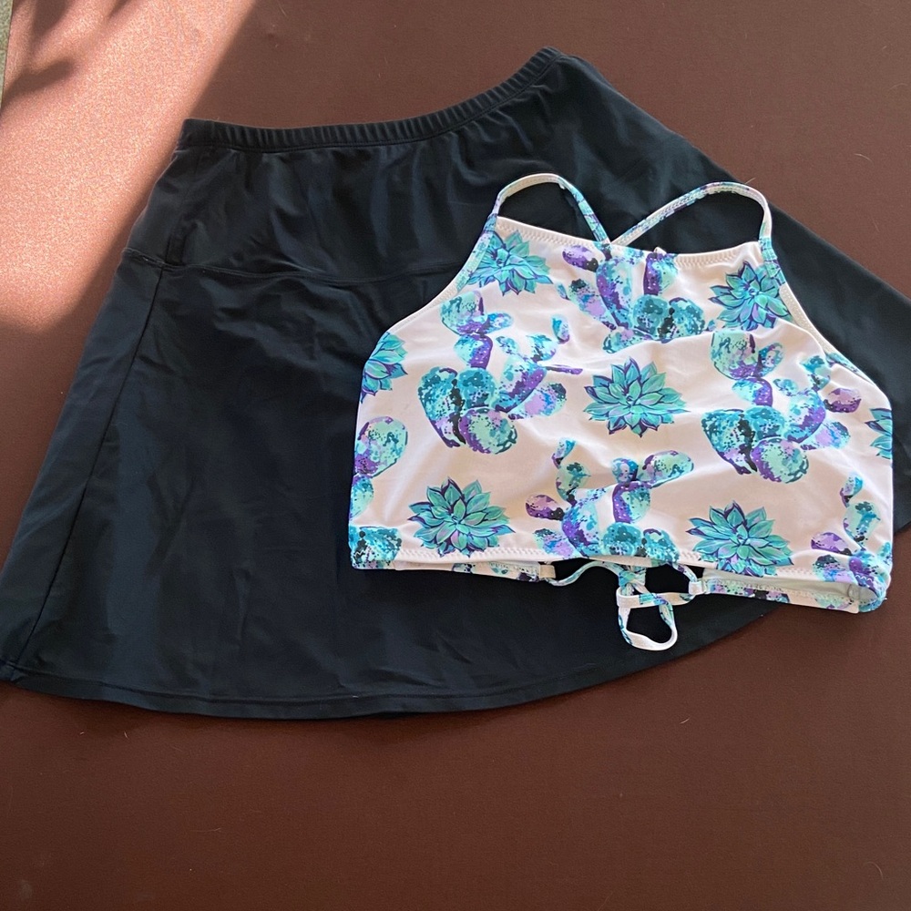 Floral Cactus High Neck Swim Top with Black Swim Skirt